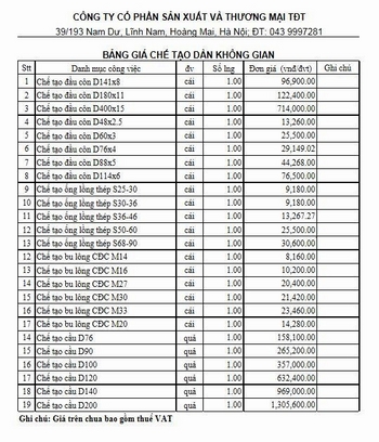 BÁO GIÁ CHẾ TẠO DÀN KHÔNG GIAN
